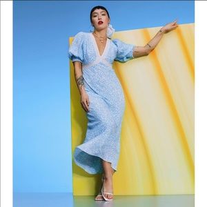 RIXO Blue Floral Puff Sleeve Swing Dress